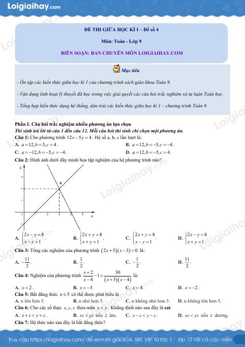 Đề thi giữa kì 1 Toán 9 - Đề số 4